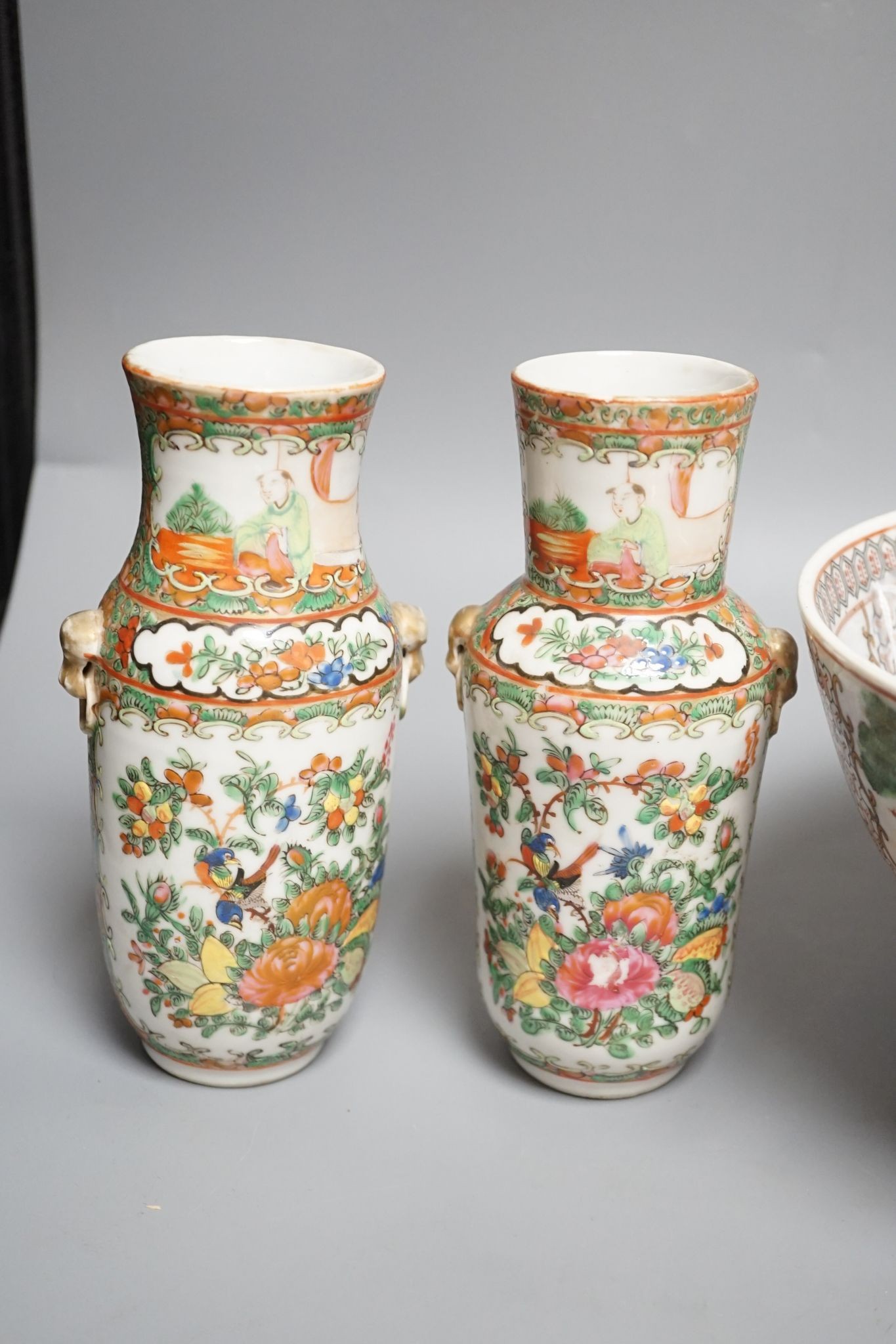 A pair of Chinese Canton famille rose vases and a bowl on stand